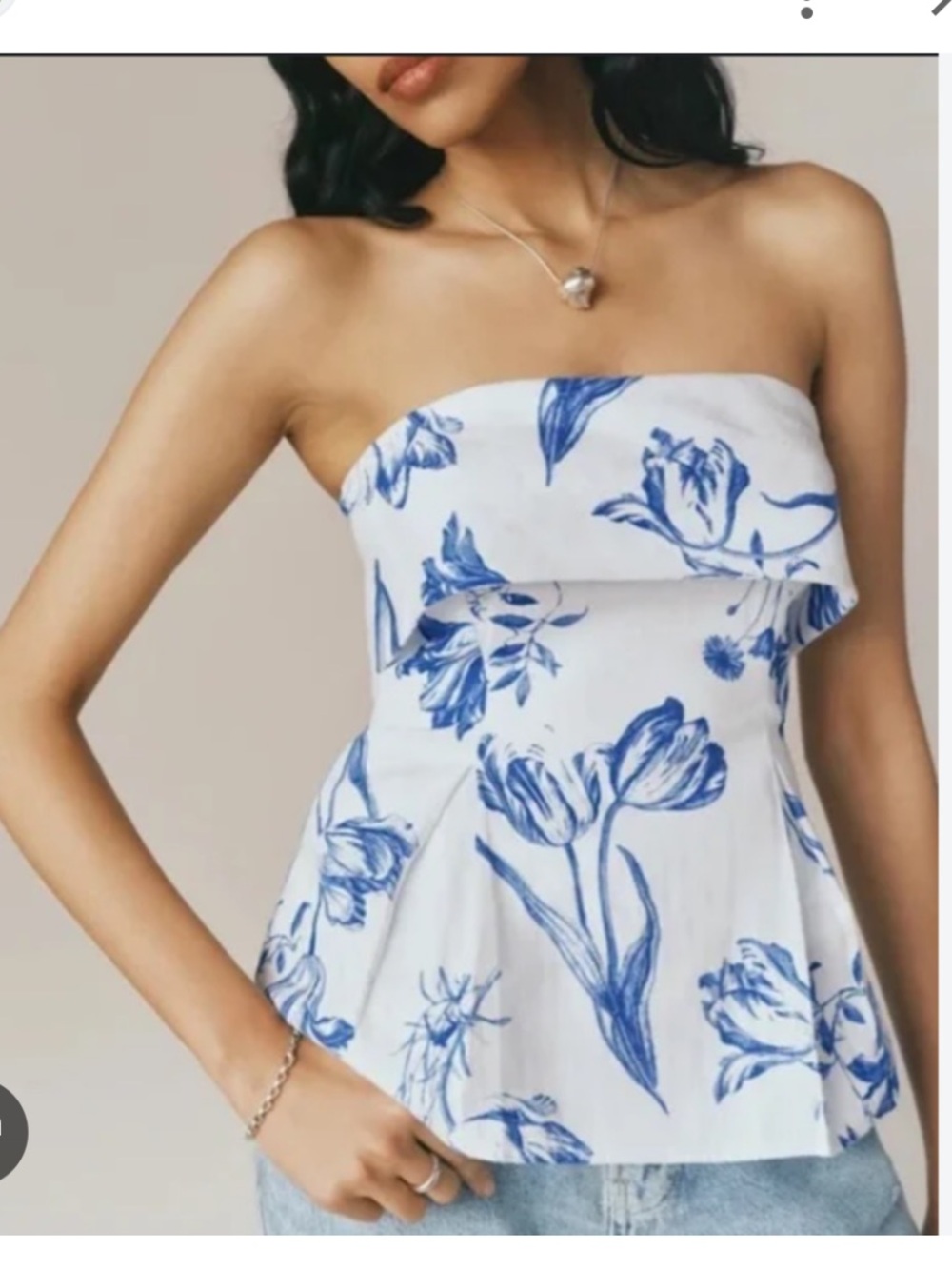 Reformation White Strapless Linen Peplum Top with Blue Floral Print